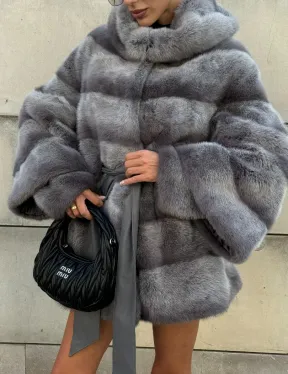 Норковая шуба с рукавом трансформер, капюшон - цвет PLATINUM (СЕРЫЙ)