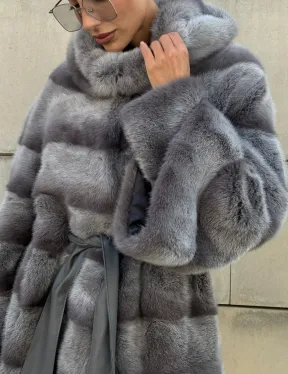 Норковая шуба с рукавом трансформер, капюшон - цвет PLATINUM (СЕРЫЙ)