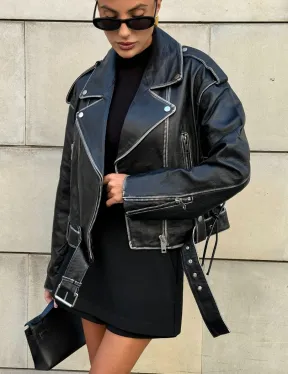 Куртка-косуха из натуральной кожи «Vintage»  со шнуровкой - цвет черный