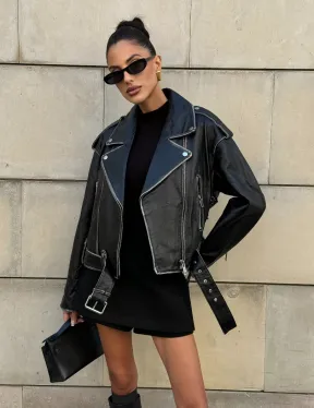 Куртка-косуха из натуральной кожи «Vintage»  со шнуровкой - цвет черный