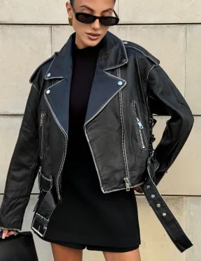 Куртка-косуха из натуральной кожи «Vintage»  со шнуровкой - цвет черный