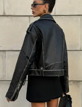 Куртка-косуха из натуральной кожи «Vintage»  со шнуровкой - цвет черный