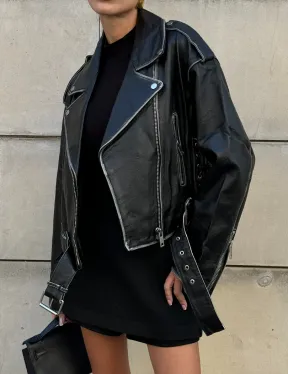 Куртка-косуха из натуральной кожи «Vintage»  со шнуровкой - цвет черный