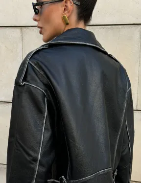 Куртка-косуха из натуральной кожи «Vintage»  со шнуровкой - цвет черный