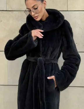 Шуба из меха импортной норки NAFA с капюшоном, цвет темный графит