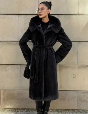 Шуба из меха импортной норки NAFA с капюшоном, цвет темный графит