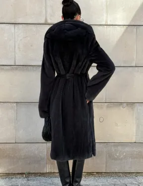 Шуба из меха импортной норки NAFA с капюшоном, цвет темный графит