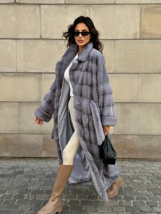 Голубая шуба New Fashion из меха аукционной норки, английский воротник