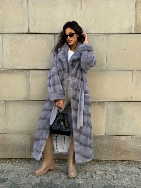 Голубая шуба New Fashion из меха аукционной норки, английский воротник