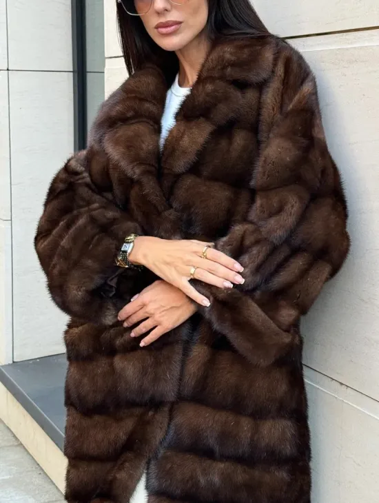 Шуба из меха соболиной норки английский воротник - цвет соболь