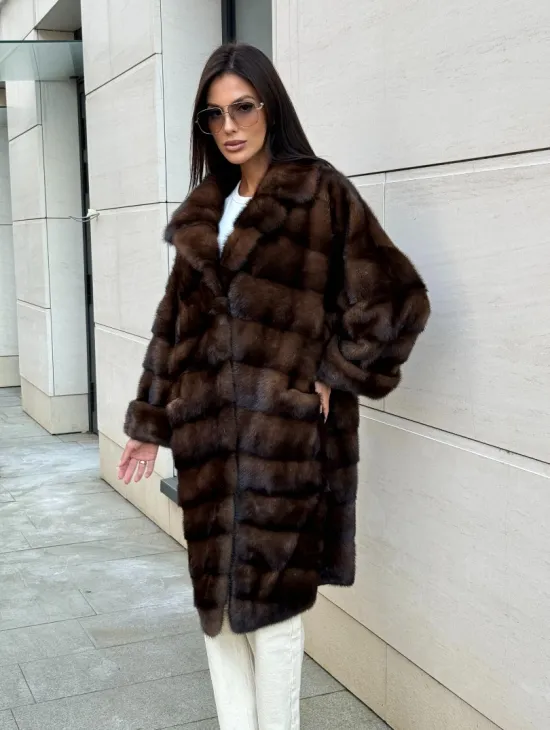 Шуба из меха соболиной норки английский воротник - цвет соболь