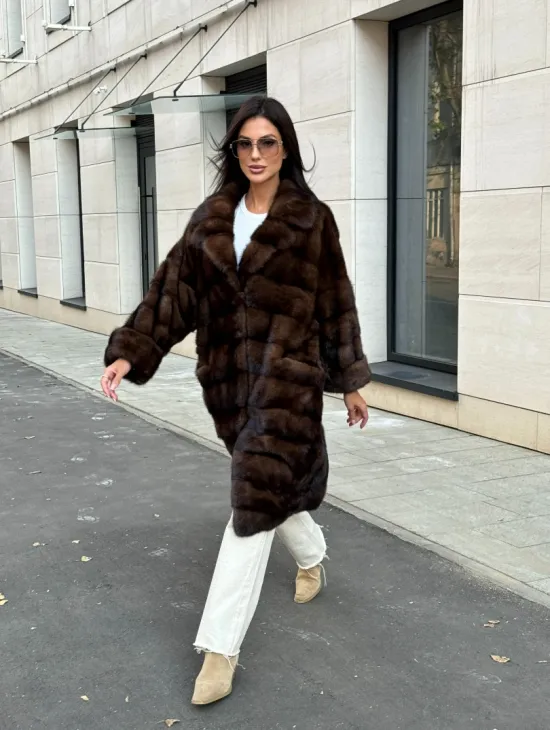 Шуба из меха соболиной норки английский воротник - цвет соболь