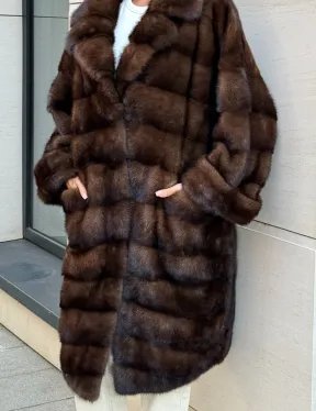 Шуба из меха соболиной норки английский воротник - цвет соболь