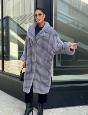 Голубая норковая шуба английский воротник, фасон кокон