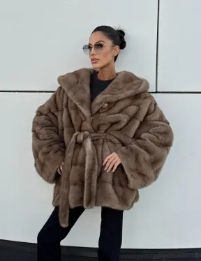 Норковая шуба автоледи с капюшоном кобра, цвет Тортор