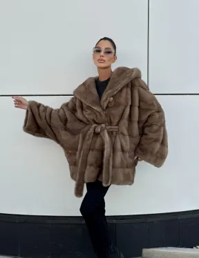 Норковая шуба автоледи с капюшоном кобра, цвет Тортор