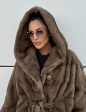 Норковая шуба автоледи с капюшоном кобра, цвет Тортор