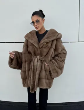 Норковая шуба автоледи с капюшоном кобра, цвет Тортор