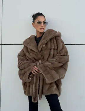 Норковая шуба автоледи с капюшоном кобра, цвет Тортор