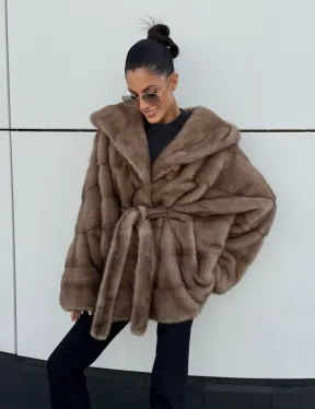 Норковая шуба автоледи с капюшоном кобра, цвет Тортор