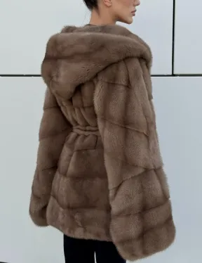 Норковая шуба автоледи с капюшоном кобра, цвет Тортор