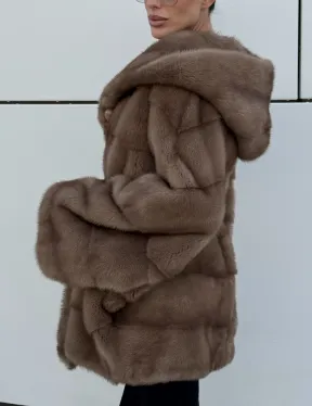 Норковая шуба автоледи с капюшоном кобра, цвет Тортор