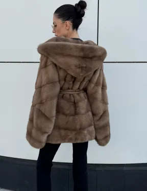 Норковая шуба автоледи с капюшоном кобра, цвет Тортор