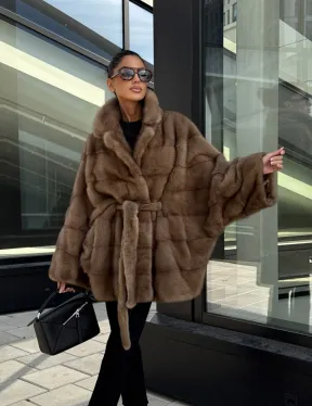 Шуба норковая летучая мышь английский воротник, оверсайз - цвет темный пастель