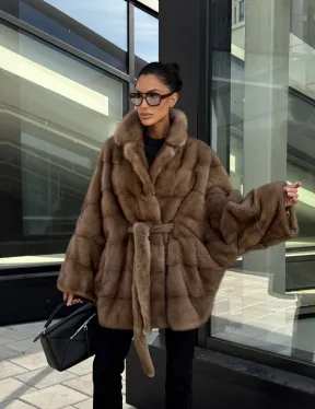 Шуба норковая летучая мышь английский воротник, оверсайз - цвет темный пастель