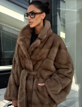 Шуба норковая летучая мышь английский воротник, оверсайз - цвет темный пастель