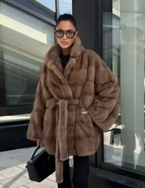 Шуба норковая летучая мышь английский воротник, оверсайз - цвет темный пастель