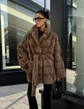 Шуба норковая летучая мышь английский воротник, оверсайз - цвет темный пастель