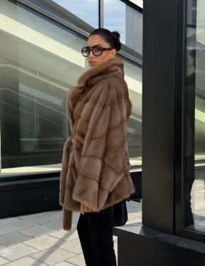 Шуба норковая летучая мышь английский воротник, оверсайз - цвет темный пастель