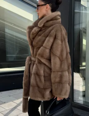 Шуба норковая летучая мышь английский воротник, оверсайз - цвет темный пастель