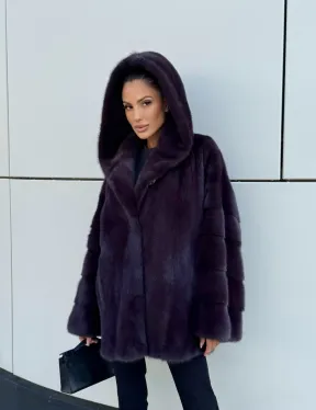 Норковый полушубок автоледи с капюшоном - цвет инжир