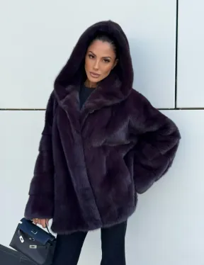 Норковый полушубок автоледи с капюшоном - цвет инжир