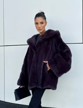 Норковый полушубок автоледи с капюшоном - цвет инжир