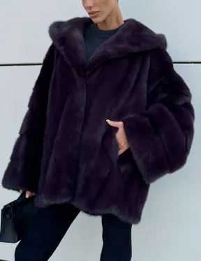 Норковый полушубок автоледи с капюшоном - цвет инжир