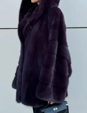 Норковый полушубок автоледи с капюшоном - цвет инжир