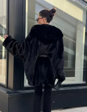 Шуба норковая натуральная с капюшоном кобра - накладные карманы