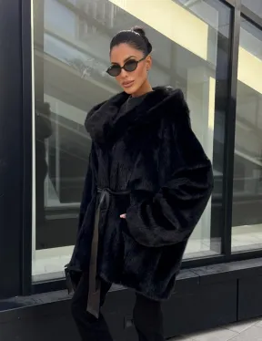 Шуба норковая натуральная с капюшоном кобра - накладные карманы