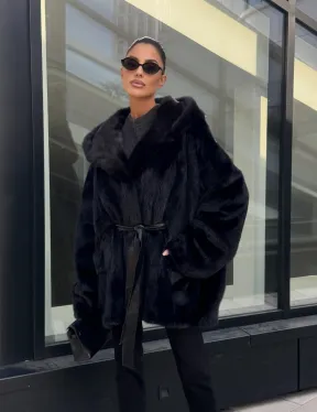 Шуба норковая натуральная с капюшоном кобра - накладные карманы