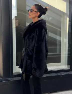 Шуба норковая натуральная с капюшоном кобра - накладные карманы