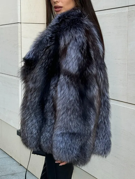 Шуба из меха чернобурки с английским воротником, цельные пластины - серая