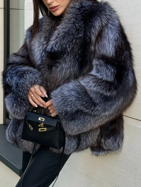 Шуба из меха чернобурки с английским воротником, цельные пластины - серая