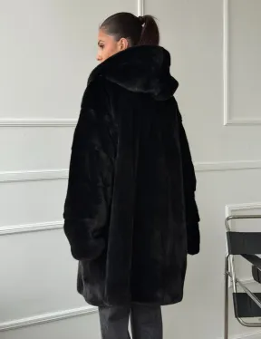 Шуба натуральная женская из норки Blackglama с капюшоном