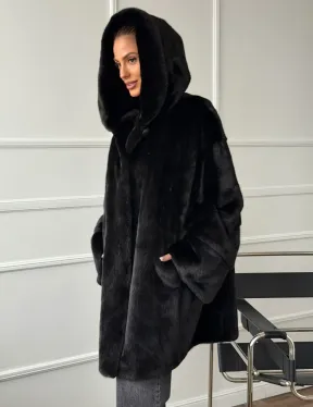 Шуба натуральная женская из норки Blackglama с капюшоном
