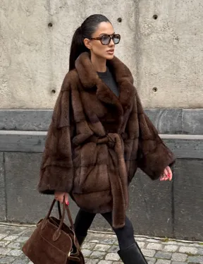 Полушубок из меха норки Brown Velvet, английский воротник фасон - летучая мышь