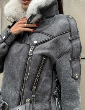 Стильная косуха-дубленка Vintage Grey с воротником из меха песца со шнуровкой на спине