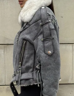 Стильная косуха-дубленка Vintage Grey с воротником из меха песца со шнуровкой на спине